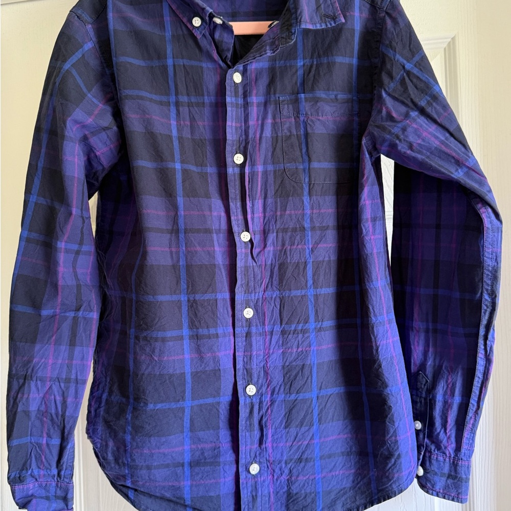 Janie and Jack Boys Size 12 Navy Blue and Purple Plaid Button-Down Shirt